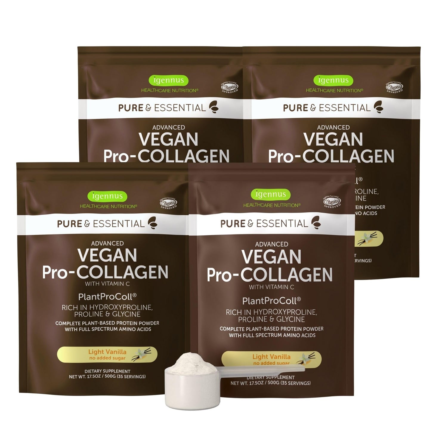 Igennus Advanced Vegan Vanilla Collagen Peptide Powder, Enhanced with Glycine, Proline & Hydroxyproline & Cofactor Vitamin C, Non GMO, Vegetarian Plant Based Collagen Powder Booster, 35 Servings