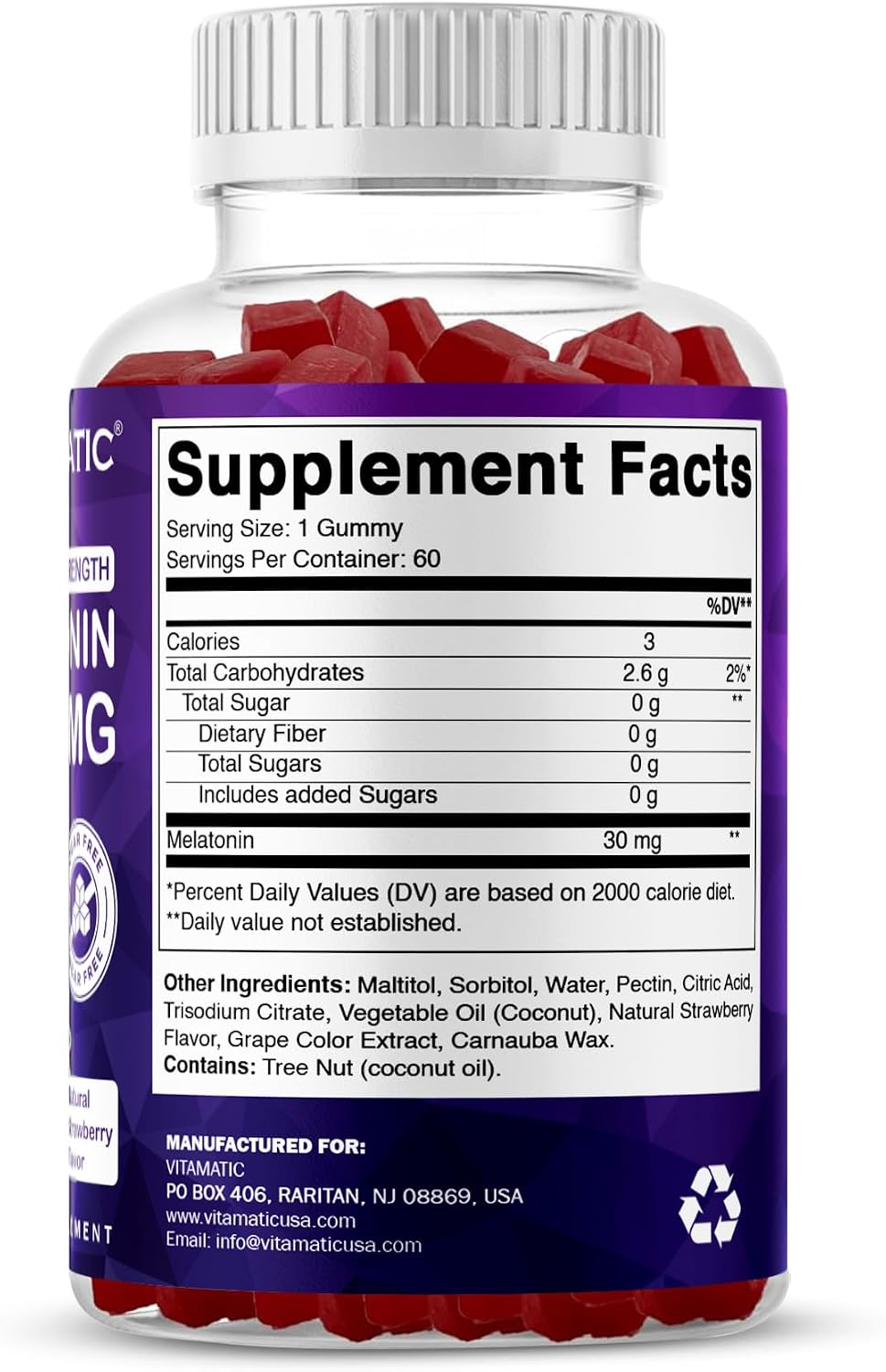 Vitamatic Extra Strength Melatonin 30 mg, 60 Gummies | Natural Strawberry Flavor, Non-Habit Forming, Non-GMO, Gluten Free, Sugar Free, Pectin Based