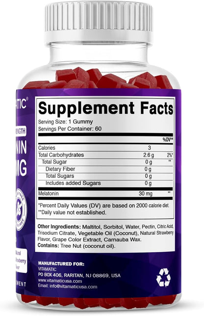 Vitamatic Extra Strength Melatonin 30 mg, 60 Gummies | Natural Strawberry Flavor, Non-Habit Forming, Non-GMO, Gluten Free, Sugar Free, Pectin Based