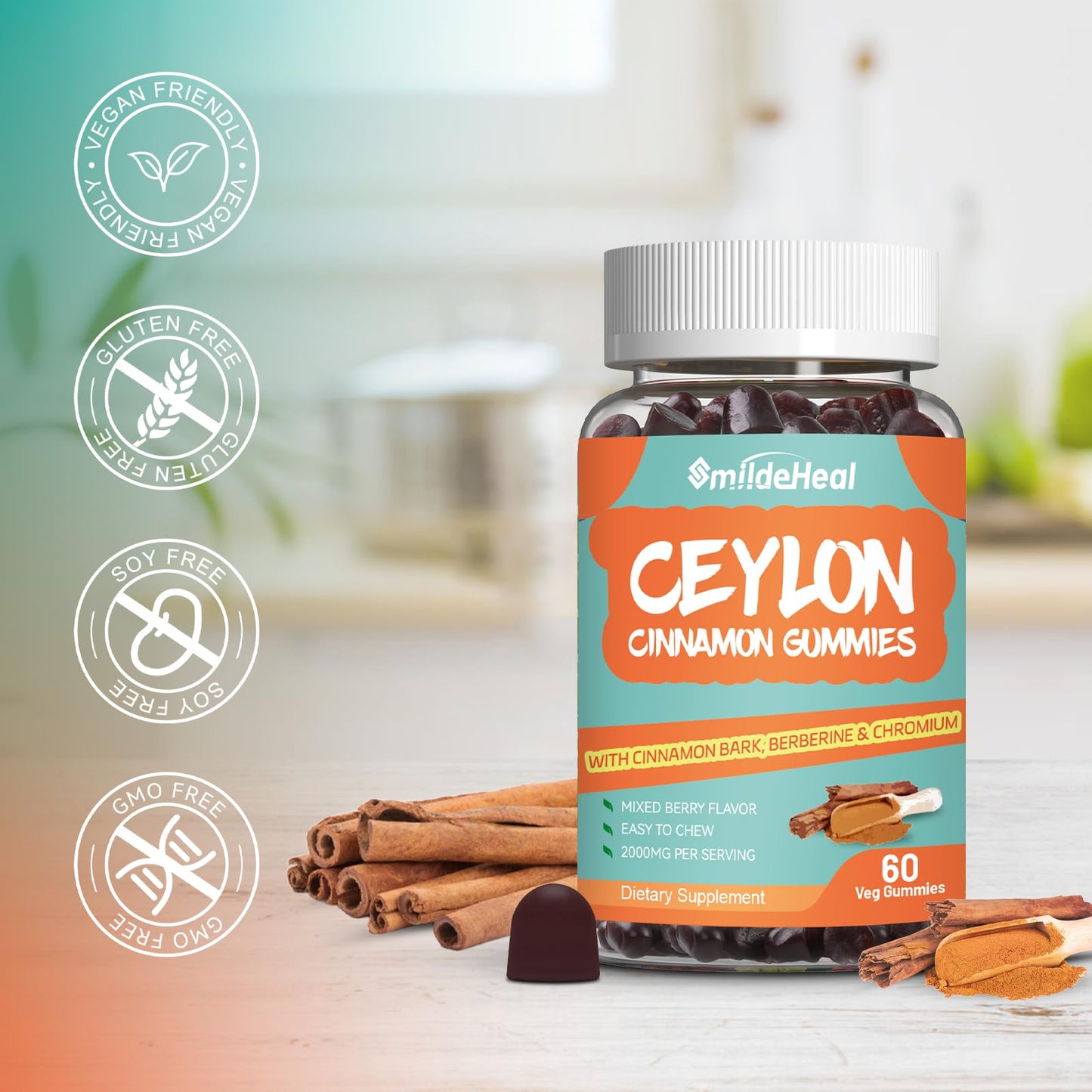 Sugar Free Ceylon Cinnamon Gummies 2000MG, Cinnamon Supplement with Chromium and Cinnamon Bark, Vegan, Non-GMO, Gluten Free, 60 Gummies