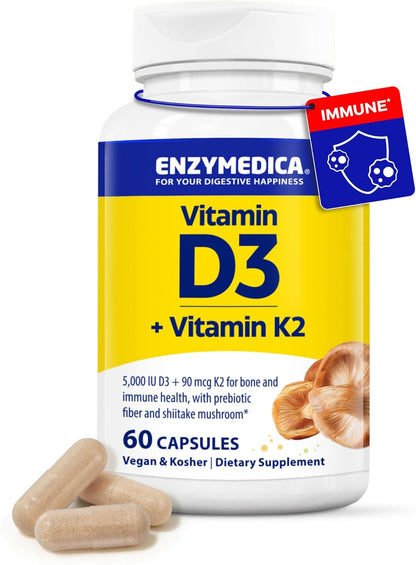 Enzymedica Vitamin D3 and K2 Supplement Caps for Men & Women - VIT D3 5000 IU & VIT K2 MK-7 90 mcg, Immune & Bone Health Support, Features Shitake Mushrooms & Prebiotic Fiber, Vegan - 60 Capsules