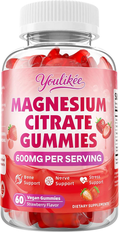 Magnesium Citrate Gummies, High Absorption Magnesium Gummies for Adults | Magnesium Supplement for Relaxation, Vegan, Sugar-Free, Strawberry Flavor, 60 Count