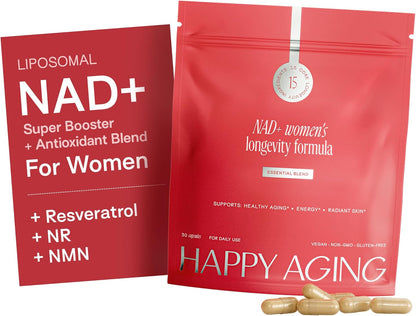 Happy Aging Essential Longevity Formula, NAD+ Super Booster with NR, NMNH & Liposomal β-NAD+, Organic Antioxidant Superfruit Blend for Cellular Energy, Skin Hydration & Daily Vitality, 30 Capsules