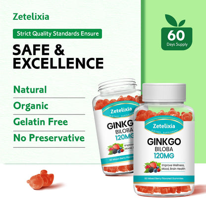Ginkgo Biloba Gummies for Women and Men, Brain Supplement Improve Better Mood and Focus, Vegan Mixed Berry Flavor 60 Count