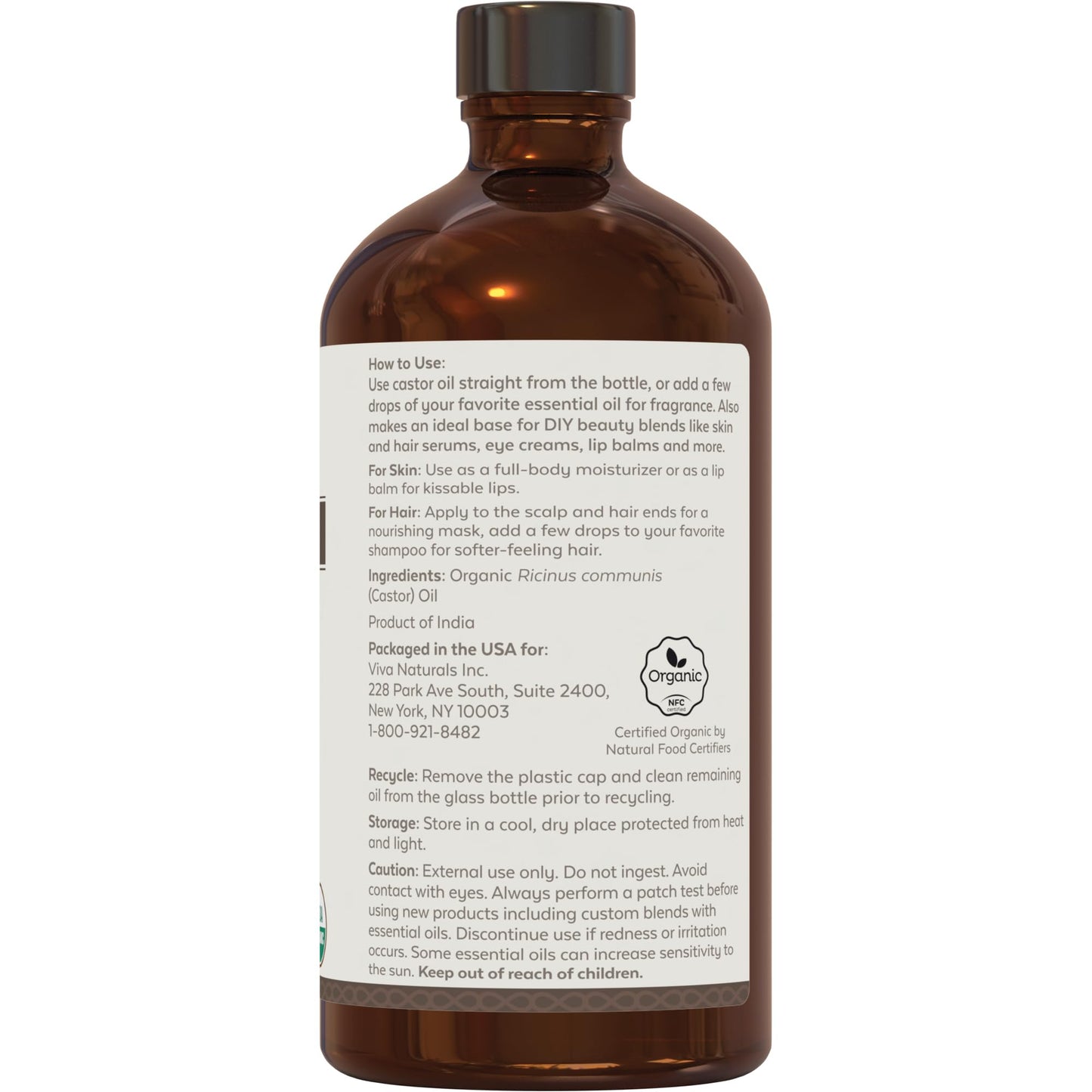 Viva Naturals Organic Castor Oil, Cold-Pressed, 16 fl oz – For Face, Hair, Eyelashes, USDA Organic, Non-GMO - With Beauty Kit