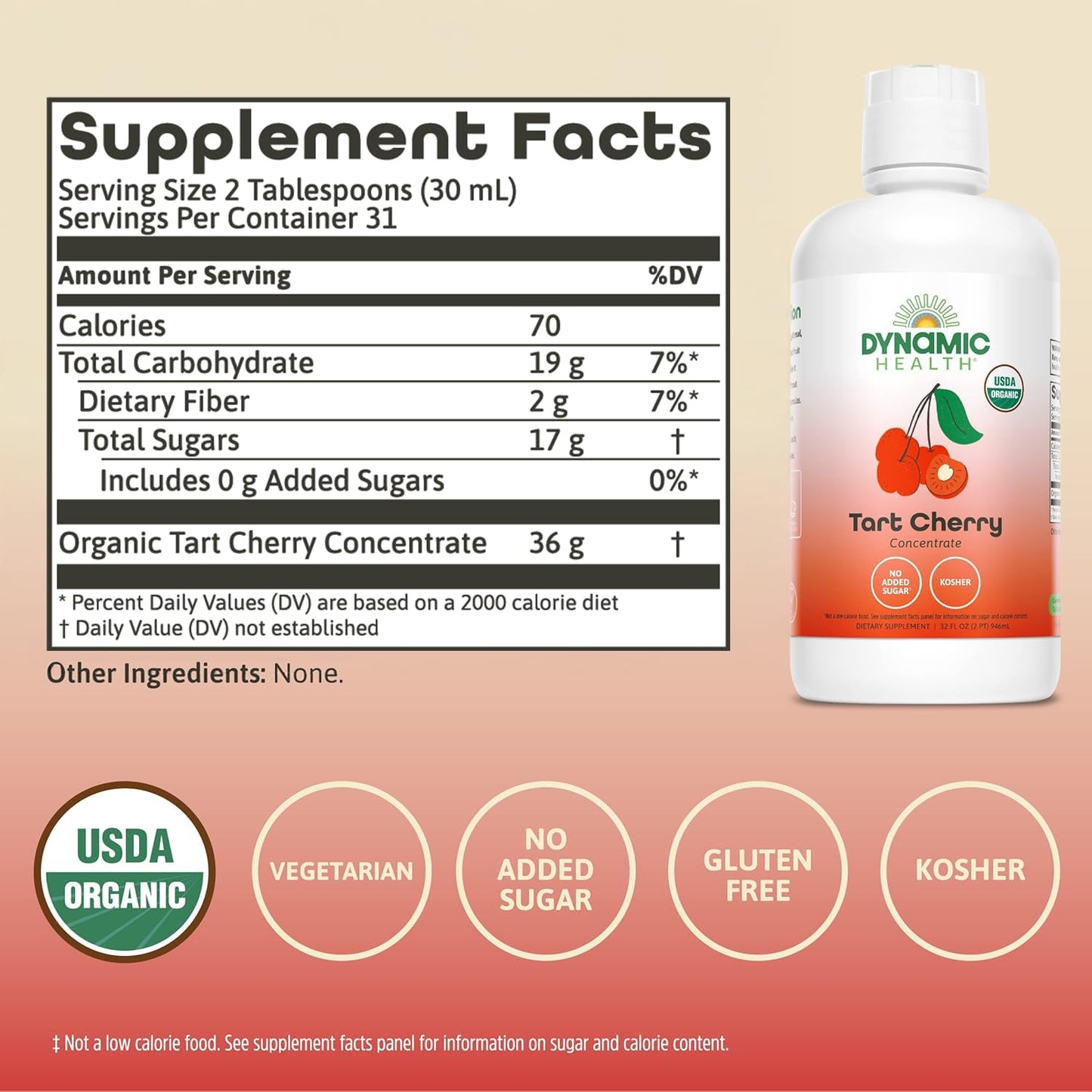 Dynamic Health Organic Tart Cherry Juice, Unsweetened 100% Juice Concentrate, Antioxidants Supplement, No Sweeteners or Additives, Vegan, Gluten Free, BPA Free (32oz)