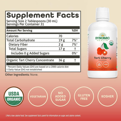 Dynamic Health Organic Tart Cherry Juice, Unsweetened 100% Juice Concentrate, Antioxidants Supplement, No Sweeteners or Additives, Vegan, Gluten Free, BPA Free (32oz)