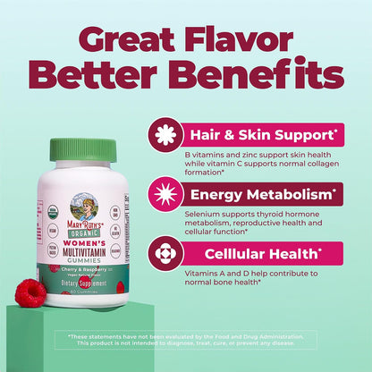 MARYRUTH'S Multivitamin Gummies for Women Ages 14+ | Immune Support | Hair & Skin Health | Reproductive Health | Vitamin A C D E B6 B12 Biotin Zinc Iodine | Organic | Vegan | Non-GMO | 60 Count