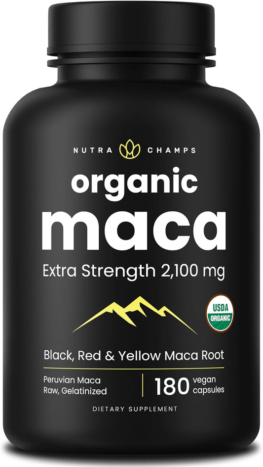 NutraChamps USDA Organic Maca Root Capsules for Women & Men, 2100mg, 180 Capsules, Black, Red & Yellow, Peruvian Maca Peruana, Extra Strength Pure Premium Gelatinized Root Powder Supplement