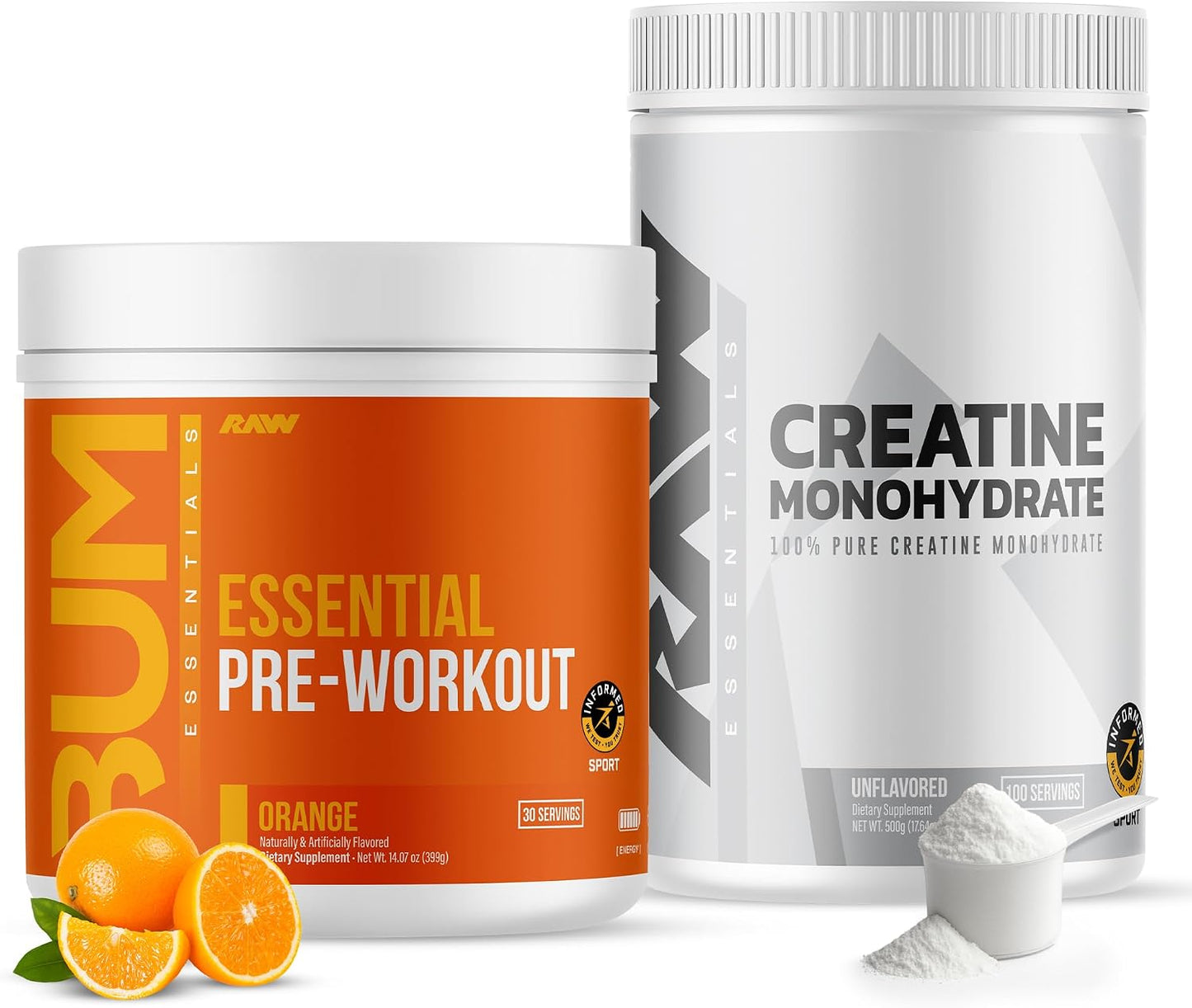 RAW Nutrition Creatine Monohydrate & Orange Pre-Workout Powder Bundle