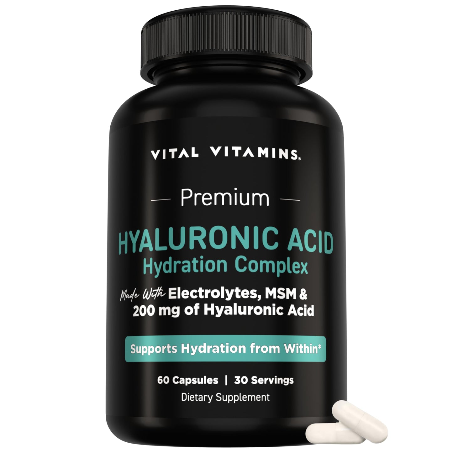 Vital Vitamins Hyaluronic Acid Supplements, 60 Capsules | 200mg Low Molecular Weight HA, Supports Skin Hydration, Elasticity & Joint Comfort, Vegan & Non-GMO