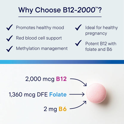 BIOTICS RESEARCH B12-2000™ Vitamin B12 2000 mcg, B6, Folate–B12 Sublingual Lozenges, Methylation Support Supplement, High Potency, Highly Absorbable, Natural, Berry Flavor, Dissolves Easily–60 Count
