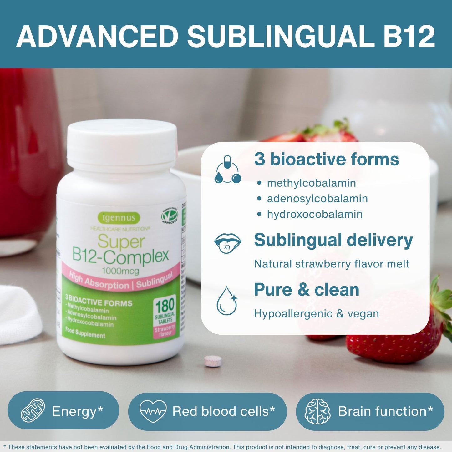 Igennus Sublingual Vitamin B12 Complex 1000mcg, Methylated Methylcobalamin, Adenosylcobalamin & Hydroxocobalamin, High Absorption & Clean, 180 Servings, Sugar-Free & Vegan
