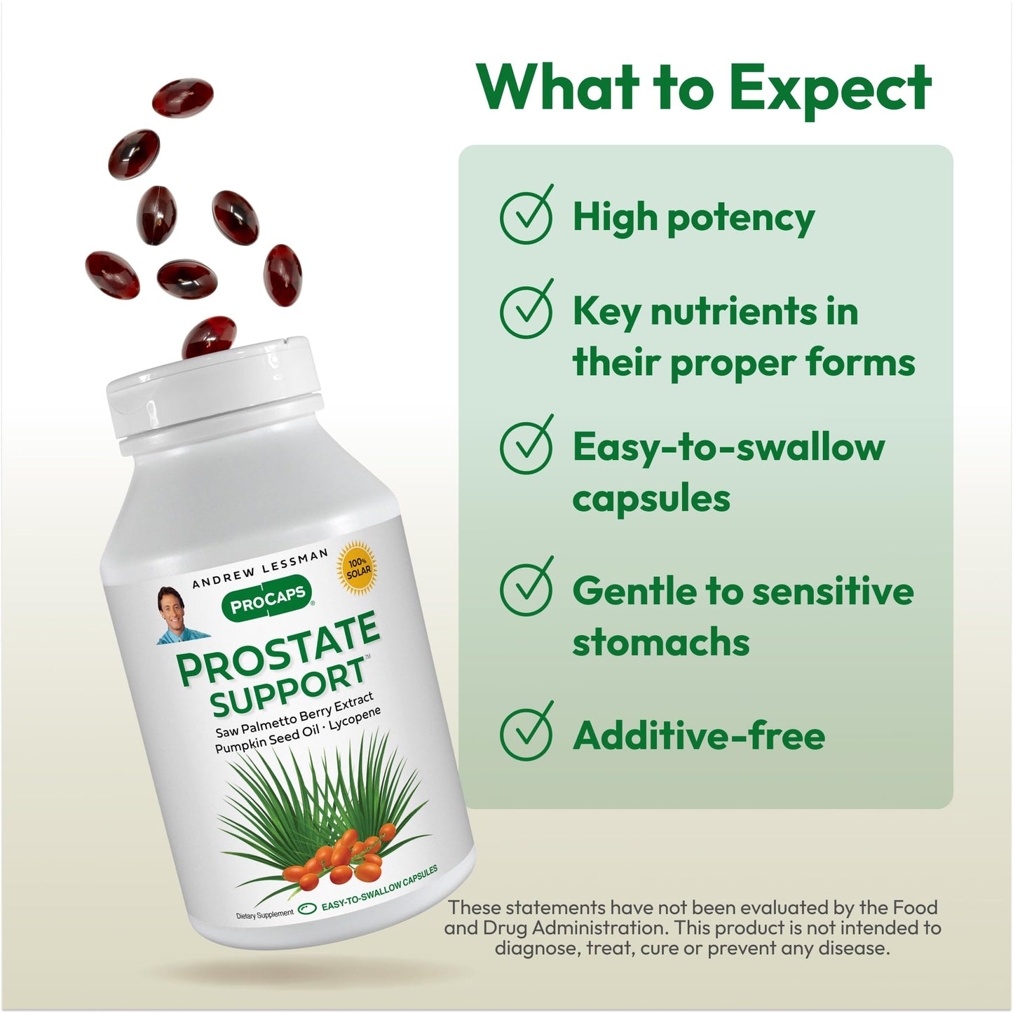 ANDREW LESSMAN Prostate Support Saw Palmetto Supplement, 60 Softgels | Comprehensive prostate support with saw palmetto, pumpkin seed oil and omega-3s for men's urinary health.