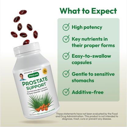 ANDREW LESSMAN Prostate Support Saw Palmetto Supplement, 60 Softgels | Comprehensive prostate support with saw palmetto, pumpkin seed oil and omega-3s for men's urinary health.