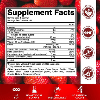 Vitamatic Vitamin B Complex Gummies with Vitamin C & Inositol - Natural Strawberry Flavor - 60 Gummies (1 Bottle)