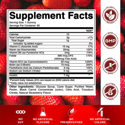 Vitamatic Vitamin B Complex Gummies with Vitamin C & Inositol - Natural Strawberry Flavor - 60 Gummies (1 Bottle)