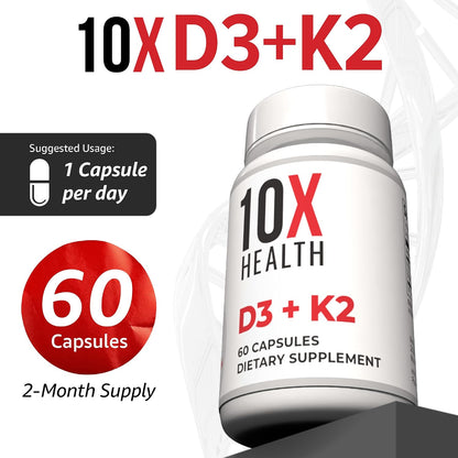 10X Health Vitamin D3 K2-60 Capsules | Vitamin K2 Mk7: 5000 IU Vitamin D3, Bone, Heart & Teeth Support, 60 Capsules