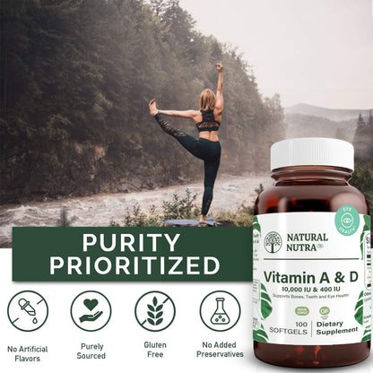Natural Nutra Vitamin A and D, 10000 IU & 400IU, 100 Softgels | Supports Bone Health & Enhances Eye Health, Promotes Strong Teeth, Sourced from Cod Liver Oil, Supports Overall Health