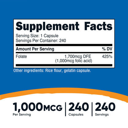 Nutricost Folic Acid (Vitamin B9) 1000 mcg, 240 Capsules