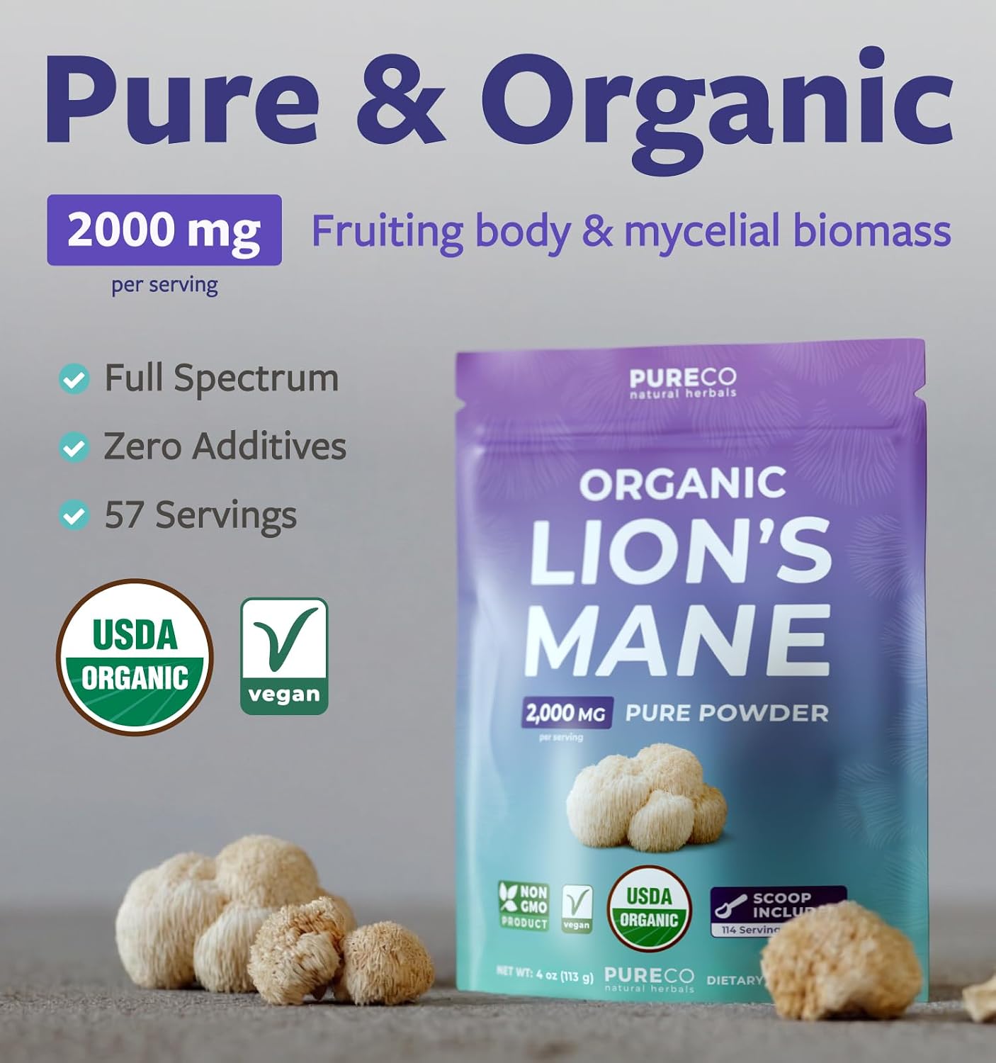 USDA Organic Lion's Mane Powder - Lion Mane Mushroom Supplement for Coffee Smoothies & More - Nootropic Brain Supplement for Memory and Focus Support - Vegan Non-GMO & No Fillers (57 Servings)