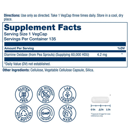 SOLARAY DAO Enzyme - Digestive Enzyme that Breaks Down Histamine - 60,000 HDU - Digestive Enzymes - Vegan, Gluten Free, Lab Verified - 30 Servings, 30 VegCaps