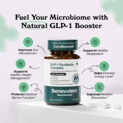 Benevolent Glp-1 Support | 5-in-1 Synbiotic with Akkermansia, MetSyn®, Chromax® & Liposomal Berberine | Natural GLP 1 Probiotics Supplement for Weight Management & Metabolic Balance, 60 Ct