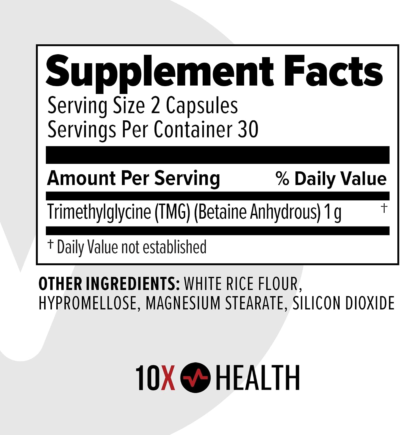 10X Health Tmg Supplements - 60 Capsules | Trimethylglycine: Betaine Anhydrous, Liver & Heart Support, Non-GMO & Gluten-Free