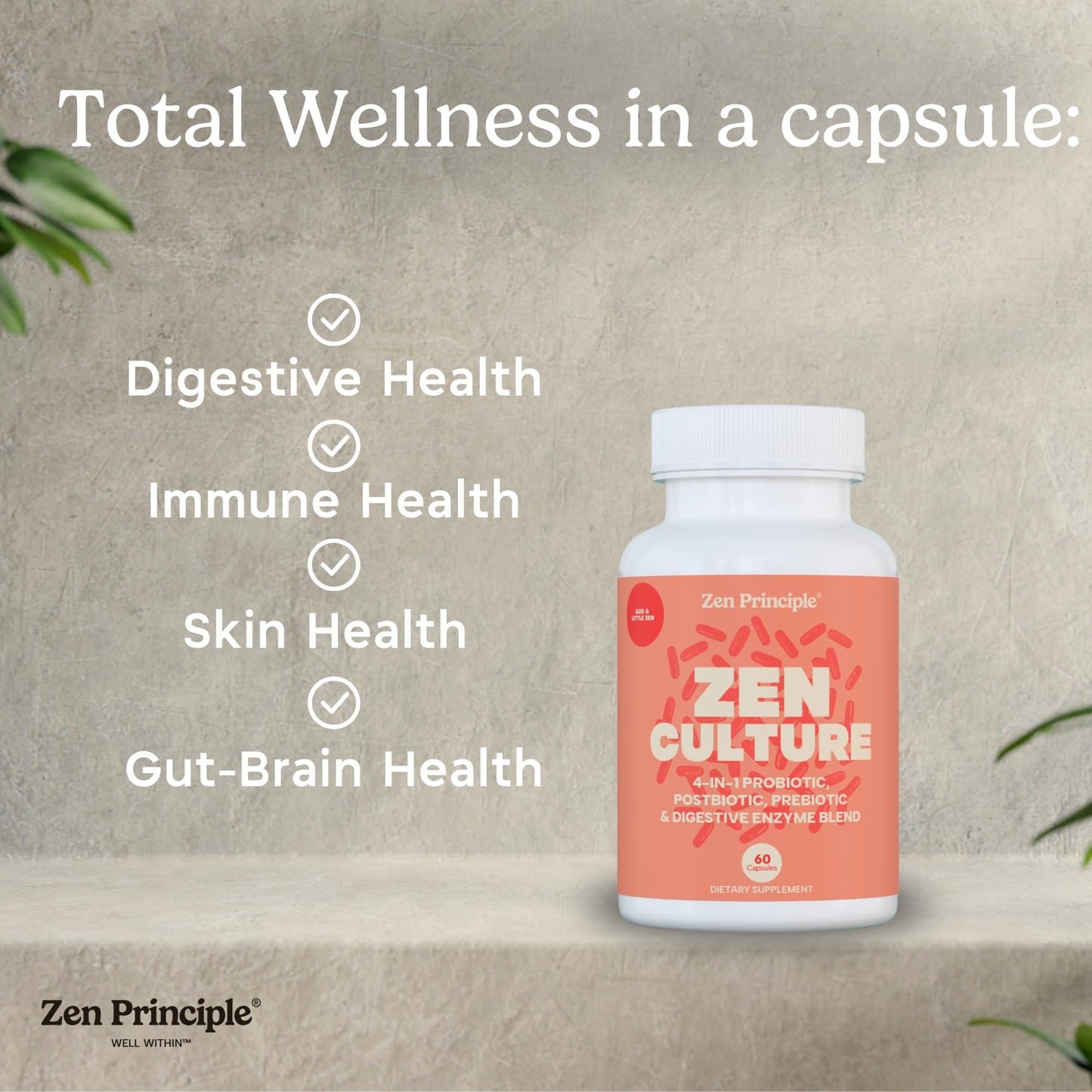 Zen Principle Zenculture™ – 4-in-1 Synbiotic Supplement (Probiotic + Prebiotic + Postbiotic + Digestive Enzymes) with CoreBiome®. Anti Bloating, Immune & Brain-Gut Health. 60 Capsules