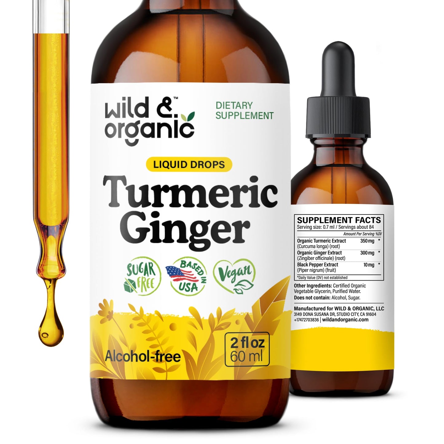 Wild & Organic Turmeric and Ginger Supplement - Movement & Immune Support - Liquid Turmeric Curcumin with Black Pepper and Ginger - Add to Tea Drops - Vegan, Sugar & Alcohol-Free Tincture - 4 oz