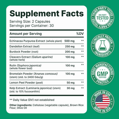 Lymphatic Drainage Supplement – Lymphatic Drainage Capsules with Dandelion, Burdock, Cleavers & Echinacea, Supports Bloating, Fluid Balance & Daily Lymphatic Wellness – 60 Capsules