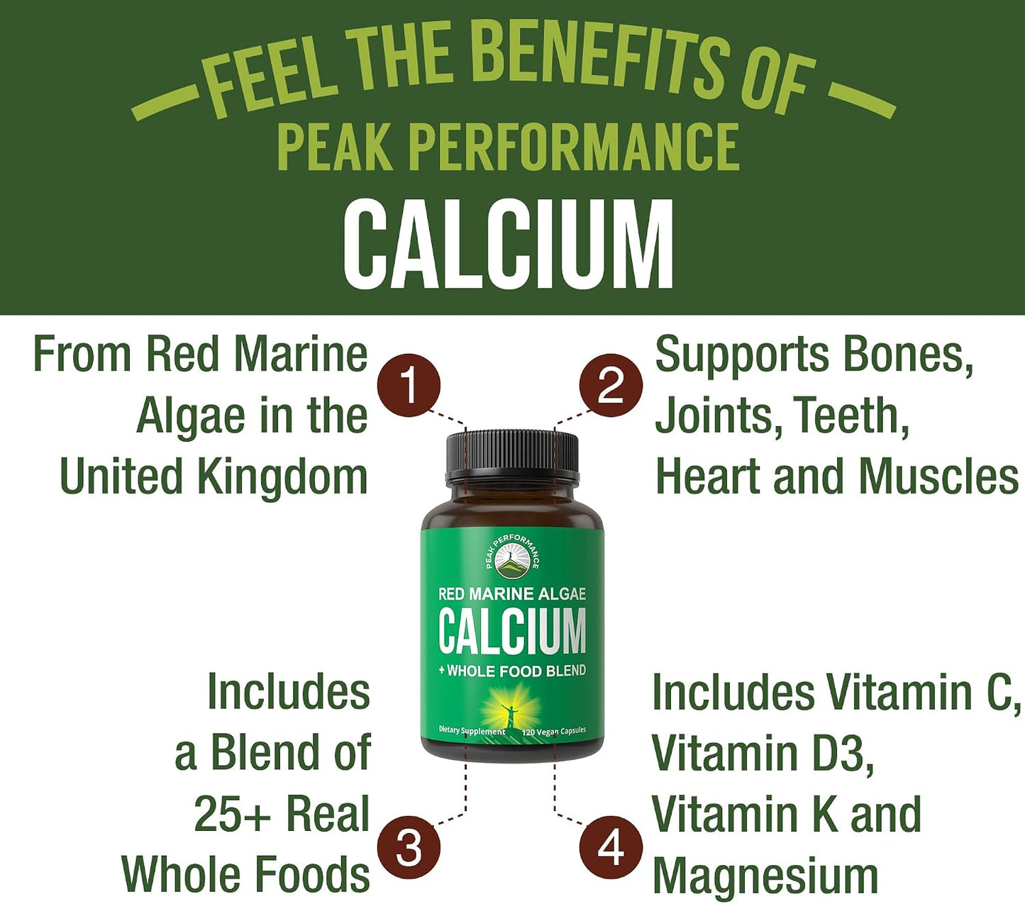 Plant Based Calcium - Red Marine Algae Calcium Supplement with Vitamin C, D3, K, Magnesium, and Whole Food Vegetable Blend. Vegan Capsules for Bones and Joints. 120 Pills, Tablets