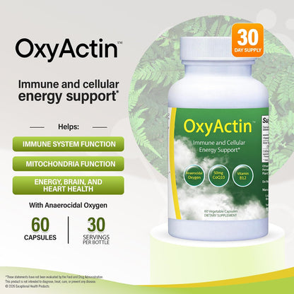 OxyActin Oxygen Supplement, 60 Vegetable Capsules | Immune Health & Cellular Energy, High Altitude & Endurance Support with 50mgs of CoQ10, Vitamin B12, & Aloe Vera Juice Powder