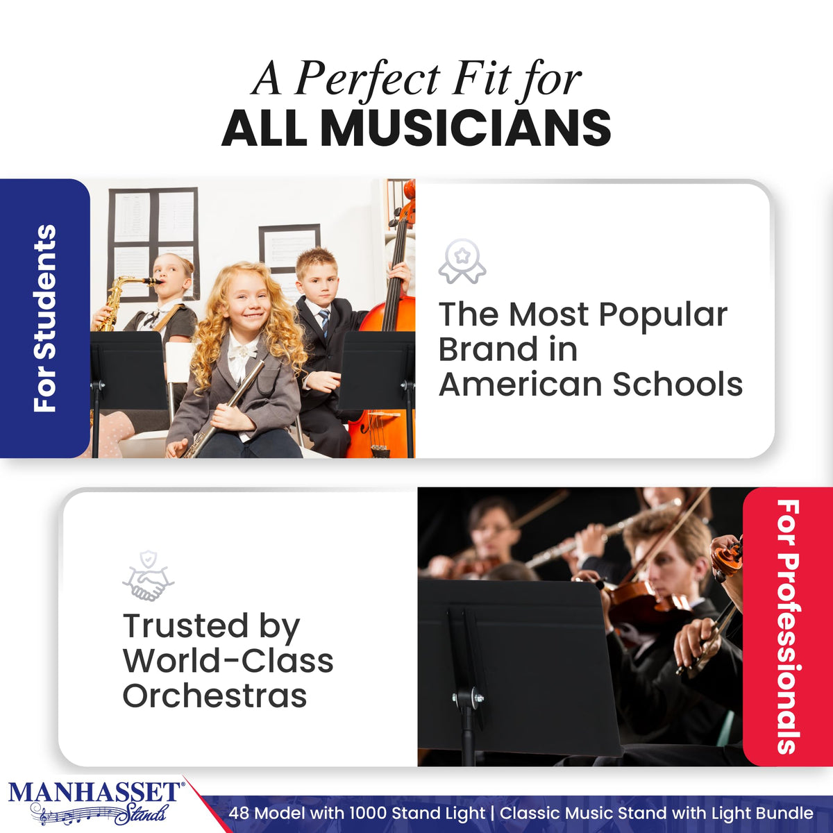 Manhasset Music Stand for Sheet Music - 48 Symphony Model - Long Lasting, Durable Manhasset Stand - Adjustable Height - 26" to 48" - Made in the USA