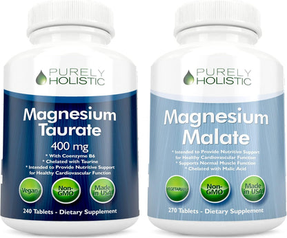 Magnesium Taurate 400mg + Magnesium Malate 400mg - Highly Bioavailable - High Absorption Bundle - 270 + 270 Vegetarian Tablets