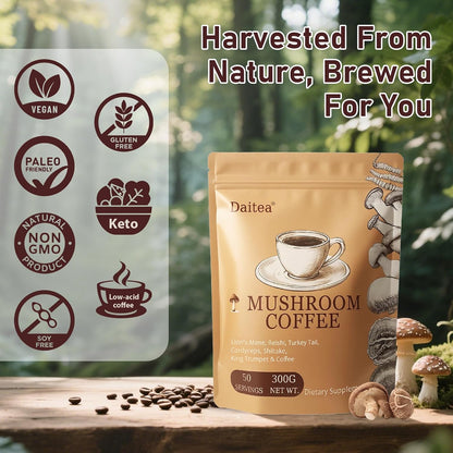 Mushroom Coffee, 10.58 Ounce Adaptogenic Mushrooms Instant Coffee Powder - Lion’s Mane, Reishi, Turkey Tail, Cordyceps, King Trumpet & Shitake for Energy, Focus, Digestion & Immune Support, 50 Servings