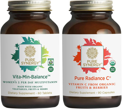 PURE SYNERGY Women’s Multivitamin, Stress, and Energy Essentials Bundle | Whole Food Multi with Adaptogens | Natural Vitamin C Immune and Skin Supplement | Vegan, Non-GMO, and Organic Ingredients