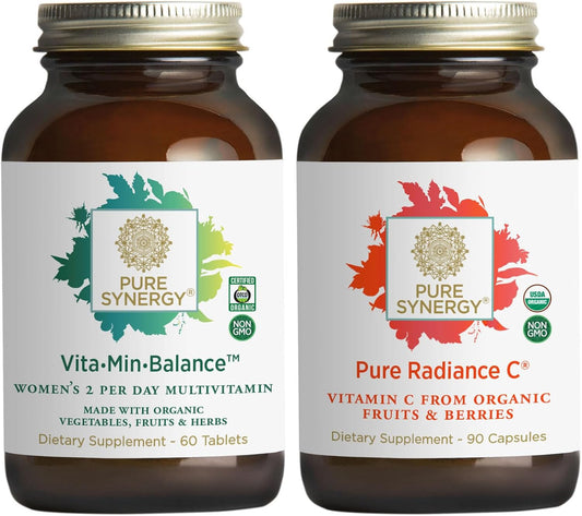 PURE SYNERGY Women’s Multivitamin, Stress, and Energy Essentials Bundle | Whole Food Multi with Adaptogens | Natural Vitamin C Immune and Skin Supplement | Vegan, Non-GMO, and Organic Ingredients
