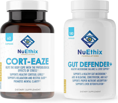 NuEthix Formulations Cortisol and Microbiome Balance Supplement Bundle: Cort-Eaze Cortisol-Control Supplement, 60 Capsules, 30 Servings and Gut Defender+, 180 Capsules, 90 Servings