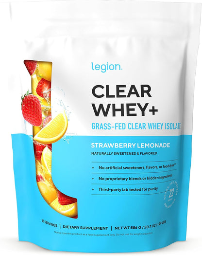 LEGION Clear Whey+ Protein Isolate Powder–Naturally Flavored Strawberry Lemonade, 22g Protein with BCAAs,Zero Sugar & Lactose Free,Fast Digesting Grass-Fed Whey, Refreshing Protein Shake (20 Servings)