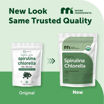 Micro Ingredients Organic Spirulina Chlorella Mini Tablets, 2,500 Tablets (8 Month Supply) | 50/50 Algae Blend | No Fillers, Non-GMO