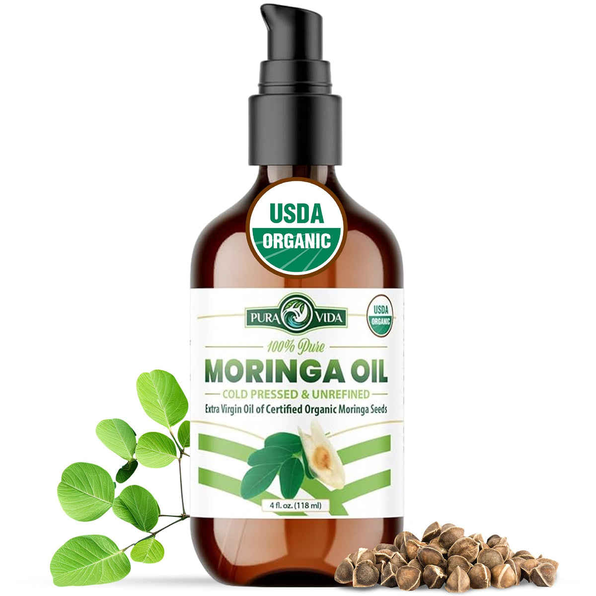 100% Pure Moringa Oil Organic for Face, Hair, Nails and Dry Skin - USDA Certified Single 