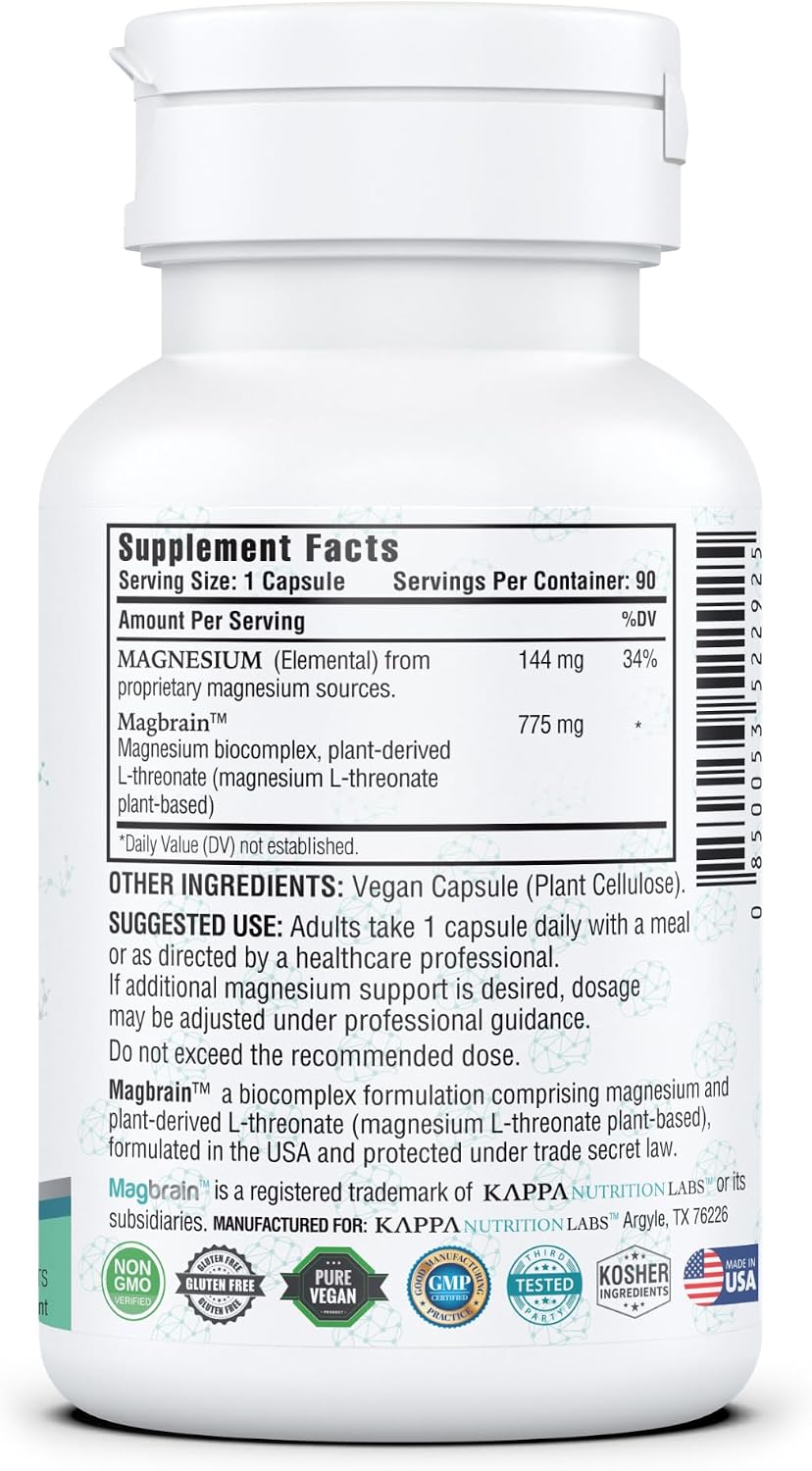 Kappa Nutrition, Magbrain® Plant‑Derived Magnesium L‑Threonate, 144 mg Elemental Magnesium, Brain & Nervous System Support, 60 Vegan Capsules, Once‑Daily Biocomplex.