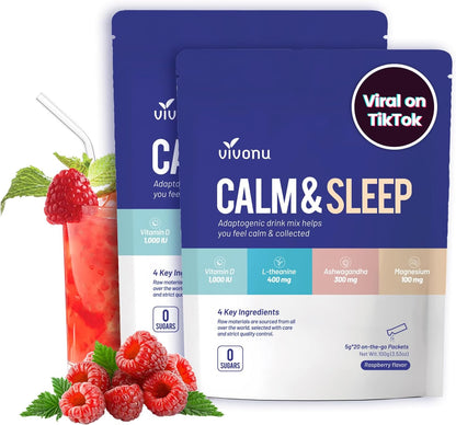 VivoNu Calm & Sleep Powdered Drink Mix Raspberry L Theanine Ksm-66 Ashwagandha Magnesium Glycinate Vitamin D 3 Supplements for Relaxation & Focus No Sugar Non GMO