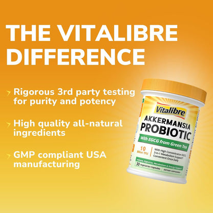 Vitalibre Akkermansia Probiotic 10 Billion TFU, with Concentrated EGCG from Green Tea Extract, GLP-1 Supplement for Gut Health, Metabolism Support & Sustain Energy Levels, 30 Vegan Capsules, No Gluten