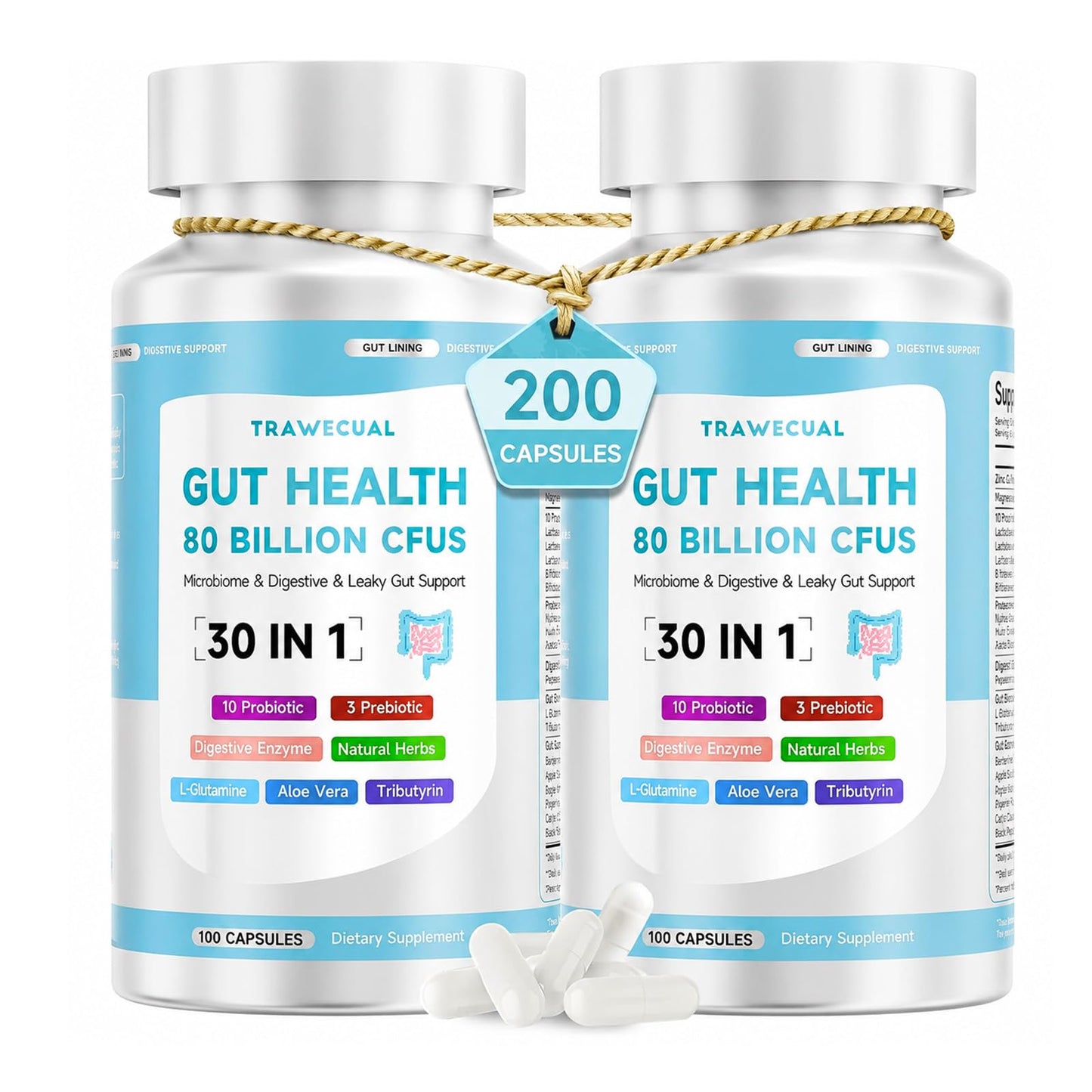 Gut Health Capsule Supplement, Supports Microbiome, Leaky Gut, and Digestion, with 80 Billion CFU Probiotics, Prebiotics, Digestive Enzymes, 30-in-1 Gut Health Supplement, 100 Capsules