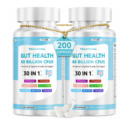 Gut Health Capsule Supplement, Supports Microbiome, Leaky Gut, and Digestion, with 80 Billion CFU Probiotics, Prebiotics, Digestive Enzymes, 30-in-1 Gut Health Supplement, 100 Capsules