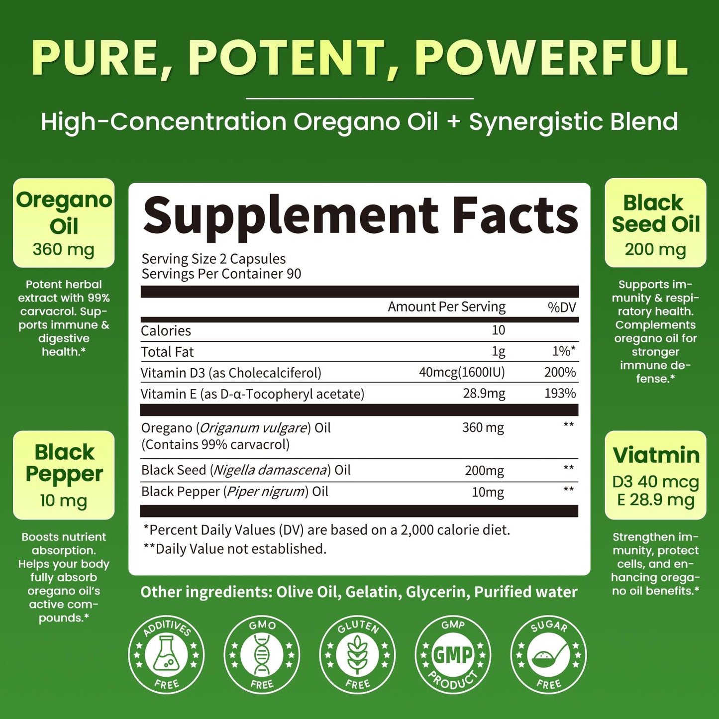 Oregano Oil Softgels with Black Seed Oil, 99% Carvacrol, 180 Ct, 3 Month | 5-in-1 with Vitamin D3 E Black Pepper, Immune, Respiratory, Digestive & Antioxidant*, Ultra-Concentrated, Easy to Swallow