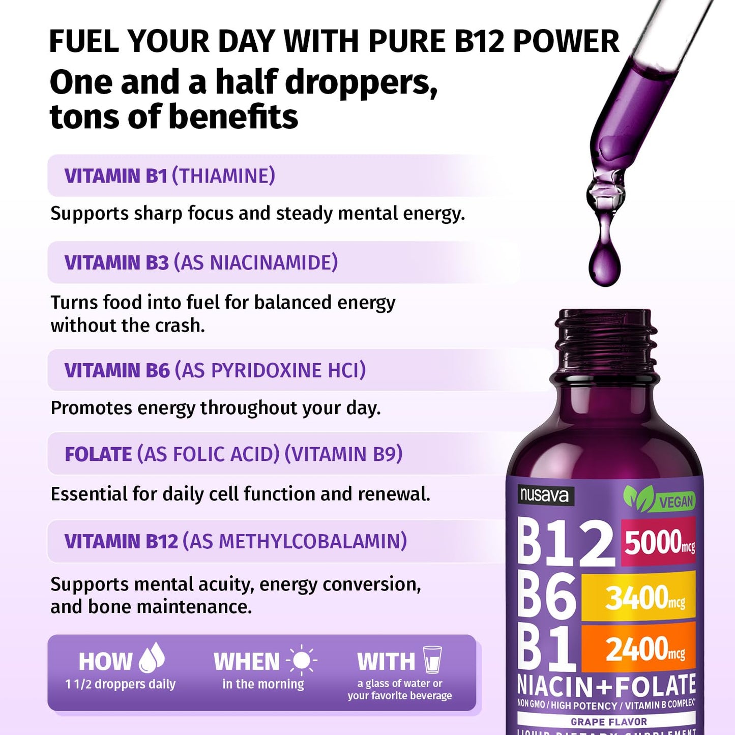 NUSAVA (2 Pack) Vitamin B12 Liquid Drops with B6, B1, Niacin & Folate — B12 Sublingual Vitamin B Complex, Methylcobalamin 5000 mcg, for Energy, Brain & Heart Support, Raspberry Flavor, 80 Servings