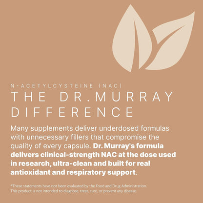 Dr. Murray's Ultra Clean N-Acetylcysteine NAC Supplement 600 mg - Respiratory & Liver Support | Vegan | Non-GMO | Gluten Free | Third-Party Tested | 120 Capsules